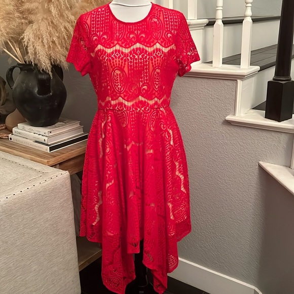 Anthropologie NWOT VONE Red Lace Midi Dress Size Medium - Picture 1 of 8